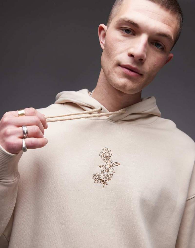 Topman - Oversize-Kapuzenpullover in Steinbeige mit Blumenstickerei-Neutral von Topman