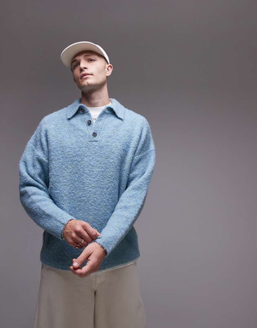 Topman - Oversize-Polohemd aus Bouclé in Blau meliert von Topman