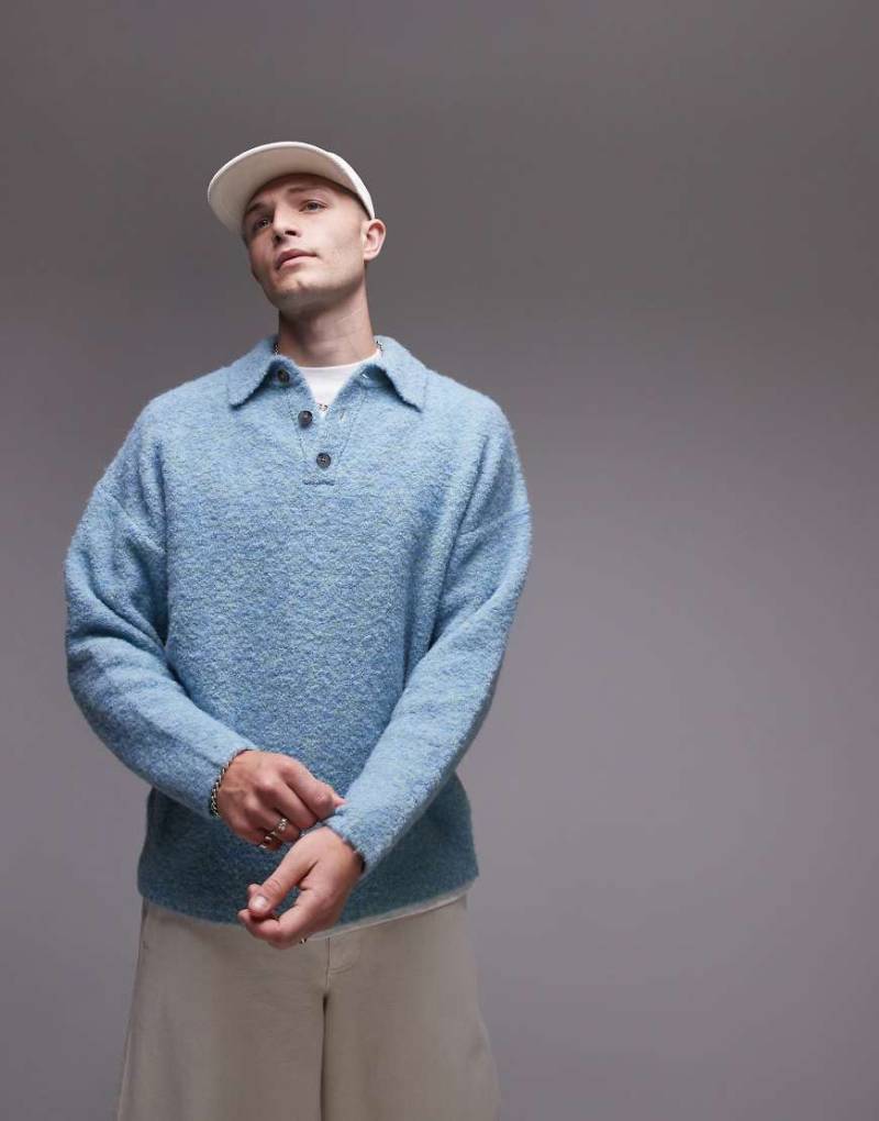 Topman - Oversize-Polohemd aus Bouclé in Blau meliert von Topman