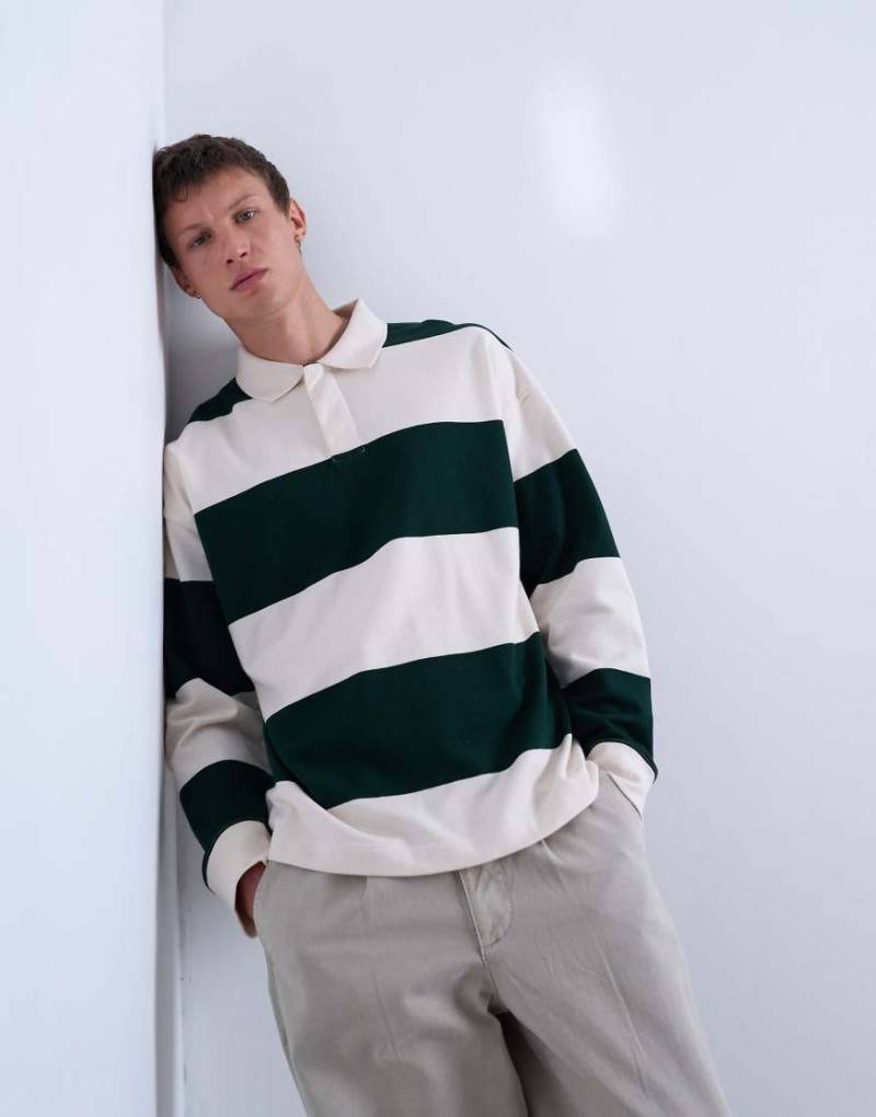 Topman - Oversize-Polohemd mit Rugby-Streifen in Dunkelgrün von Topman