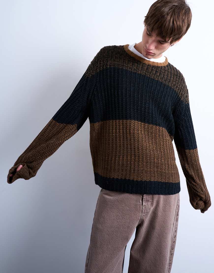 Topman - Oversize-Pullover in Braun mit Streifen im Farbblockdesign-Brown von Topman