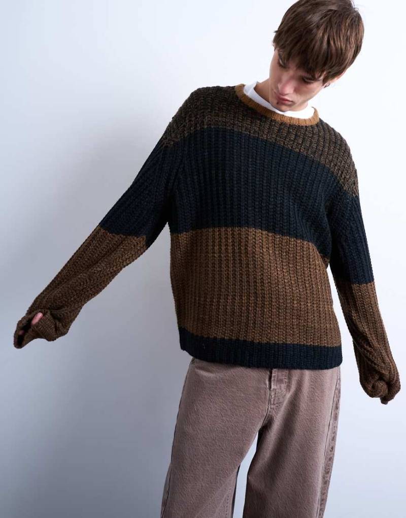 Topman - Oversize-Pullover in Braun mit Streifen im Farbblockdesign-Brown von Topman