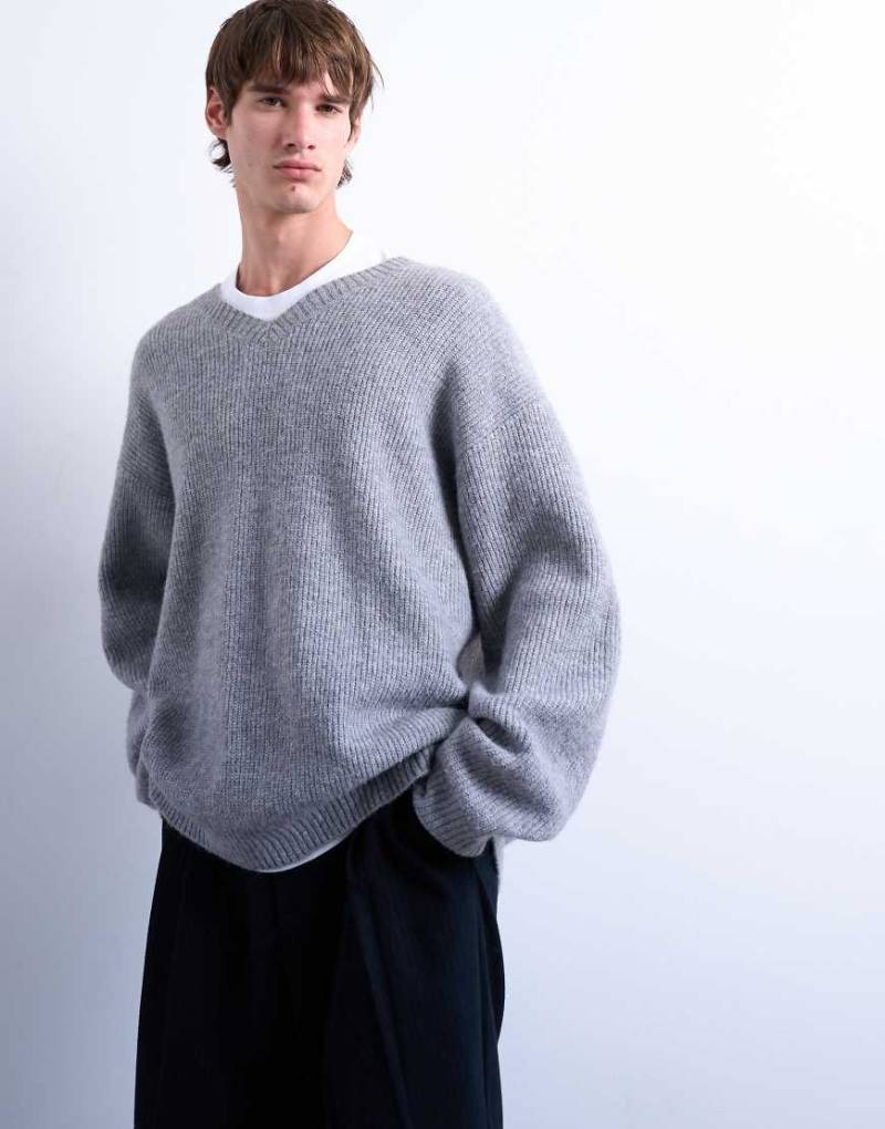 Topman - Oversize-Pullover in Grau mit V-Ausschnitt von Topman