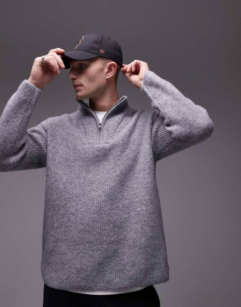 Topman - Oversize-Pullover in meliertem Grau mit kurzem Reißverschluss von Topman