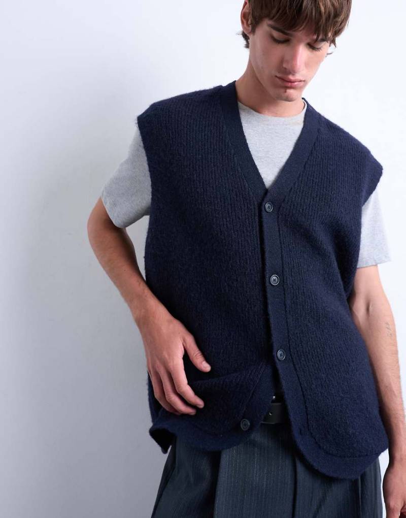 Topman - Oversize-Strickpullunder in Marineblau mit durchgehender Knopfleiste von Topman
