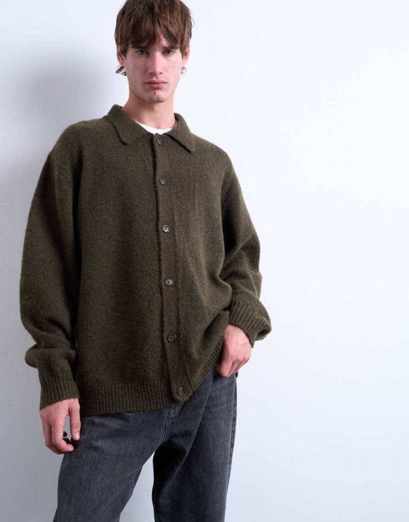 Topman - Oversize-Strickjacke in Khaki mit durchgehender Knopfleiste-Grün von Topman