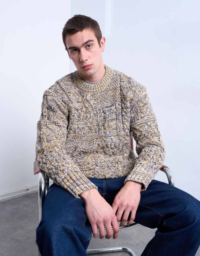 Topman - Oversize-Strickpullover in meliertem Gelb mit Zopfmuster-Grau von Topman