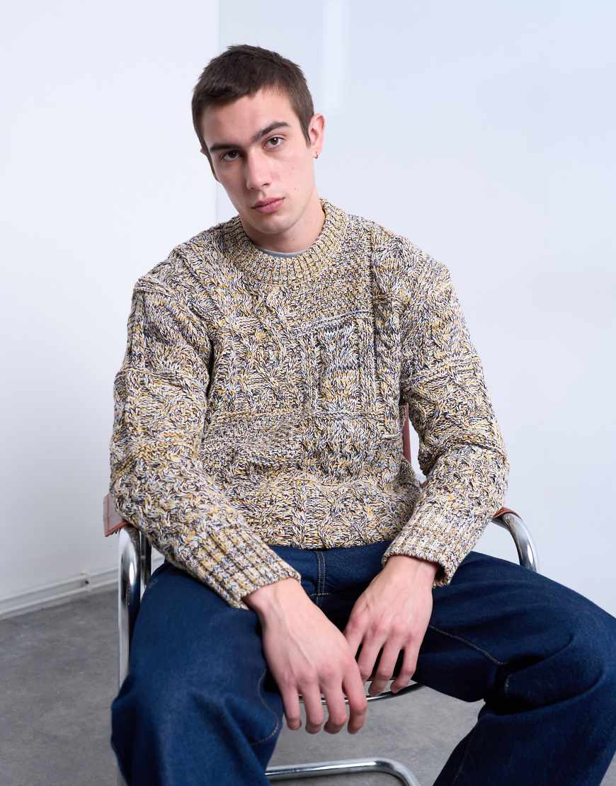 Topman - Oversize-Strickpullover in meliertem Gelb mit Zopfmuster-Grau von Topman