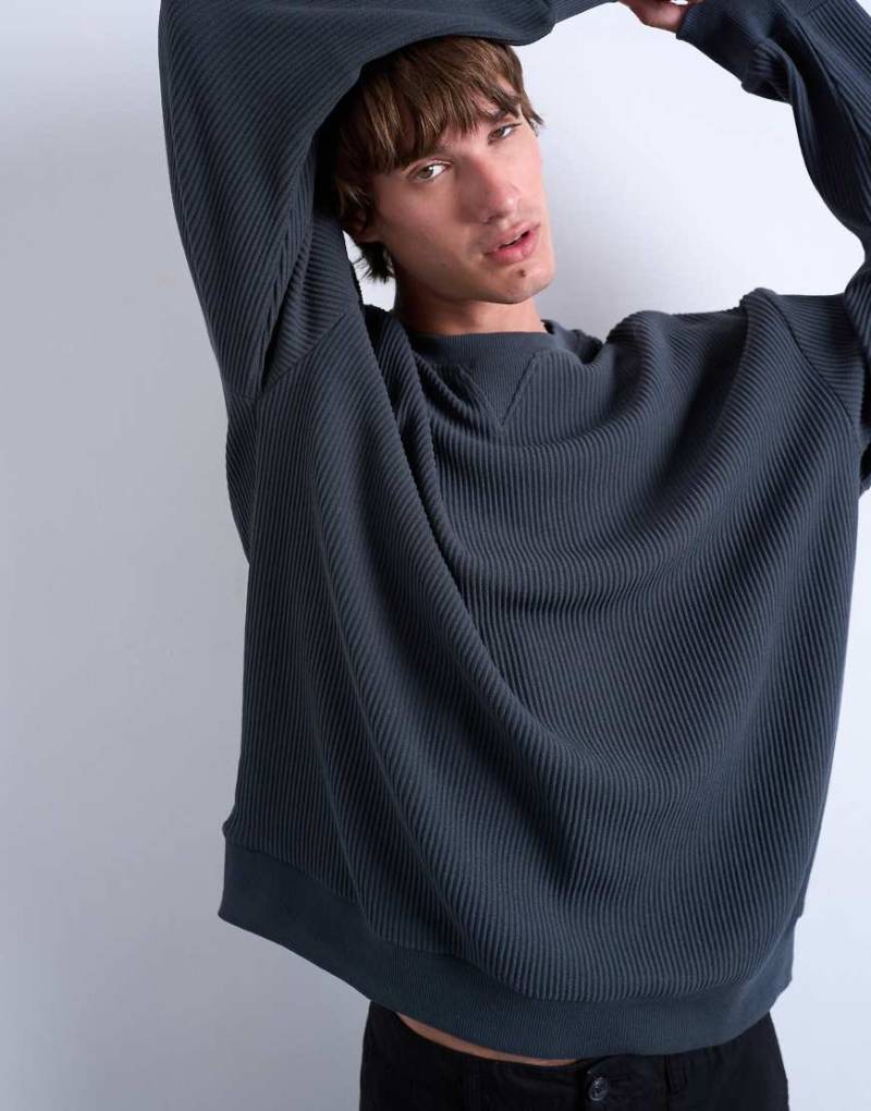 Topman - Oversize-Sweatshirt aus Ottoman-Stoff in Anthrazit mit Rundhalsausschnitt-Grau von Topman