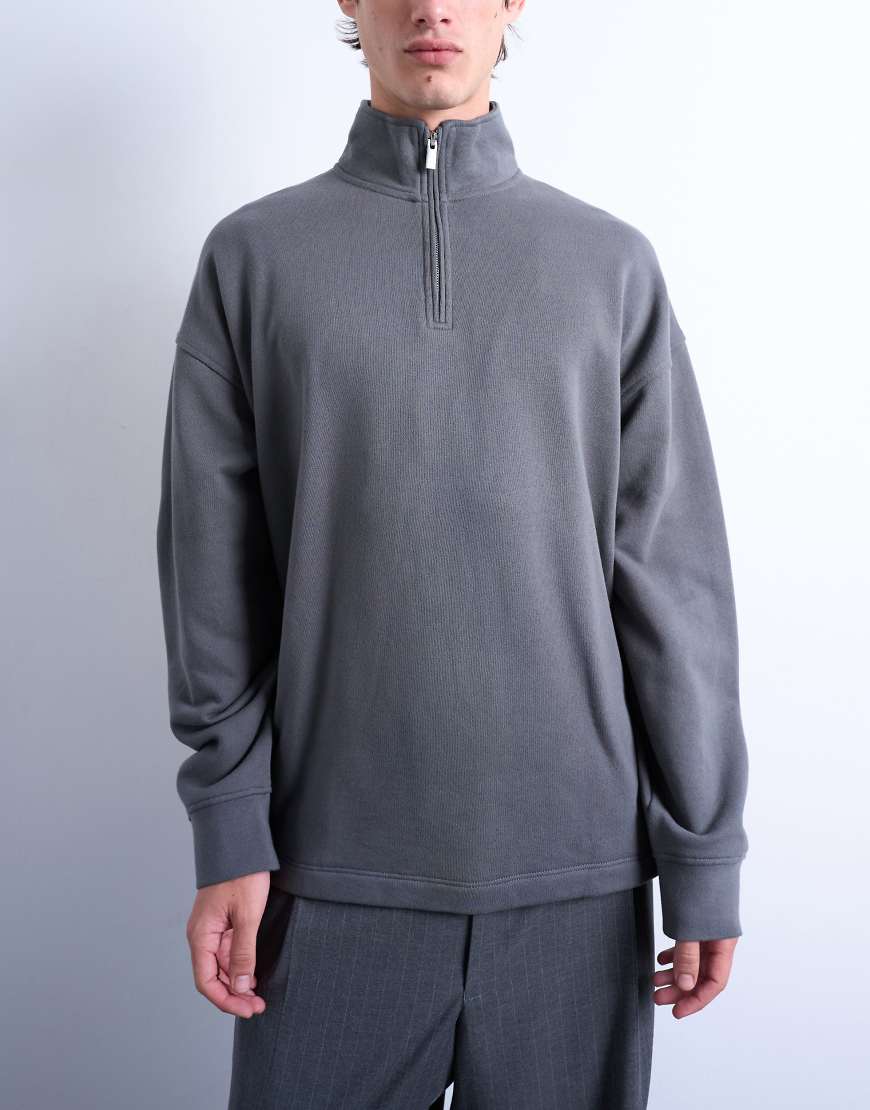 Topman - Oversize-Sweatshirt aus schwerem Stoff in Anthrazit mit kurzem Reißverschluss-Grau von Topman