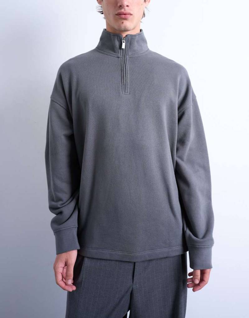 Topman - Oversize-Sweatshirt aus schwerem Stoff in Anthrazit mit kurzem Reißverschluss-Grau von Topman