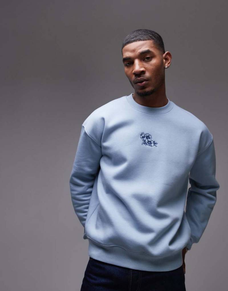 Topman - Oversize-Sweatshirt in Blau mit Blumenstickerei von Topman