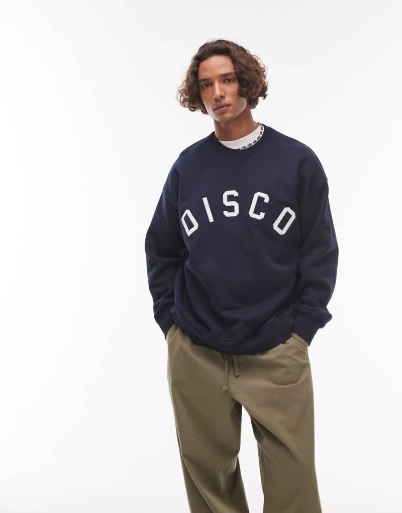 Topman - Oversize-Sweatshirt in Marineblau mit „Disco"-Applikation und Stickerei von Topman
