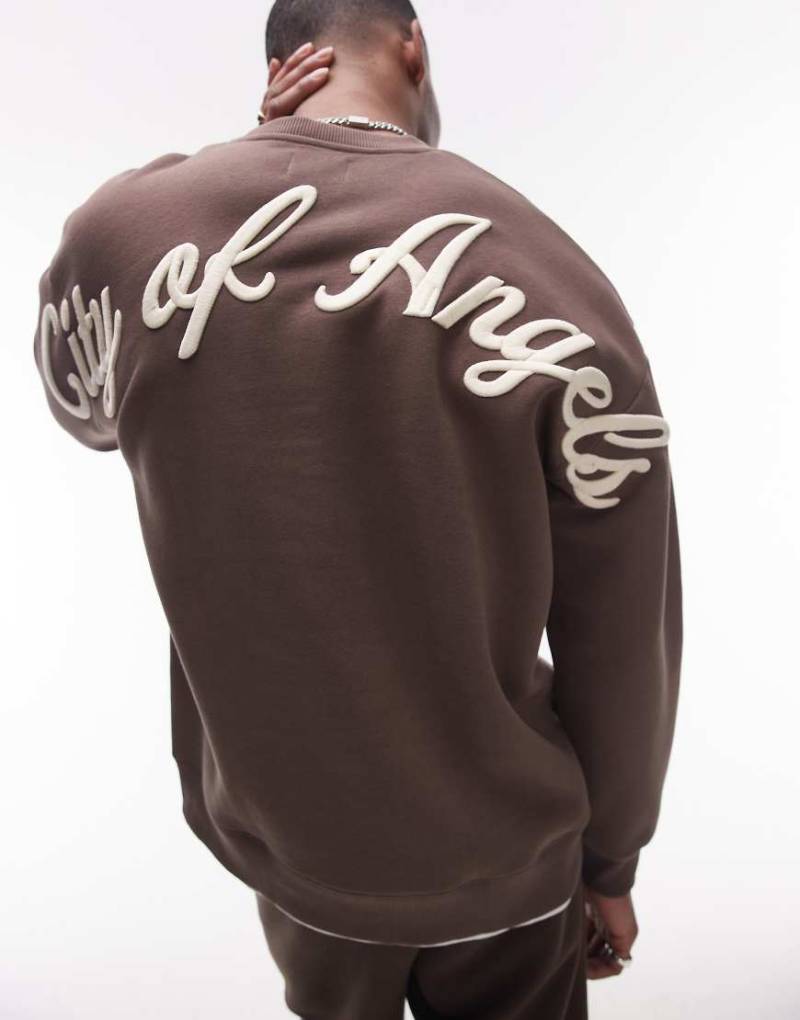 Topman - Oversize-Sweatshirt in Schwarz mit „City of Angels"-Stickerei auf Vorder- und Rückseite-Braun von Topman