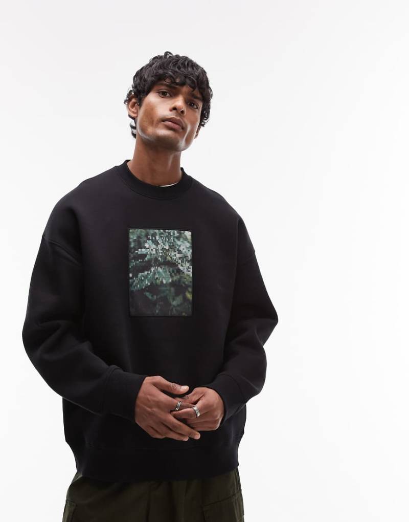 Topman - Oversize-Sweatshirt in Schwarz mit Blätter-Patch-Print von Topman