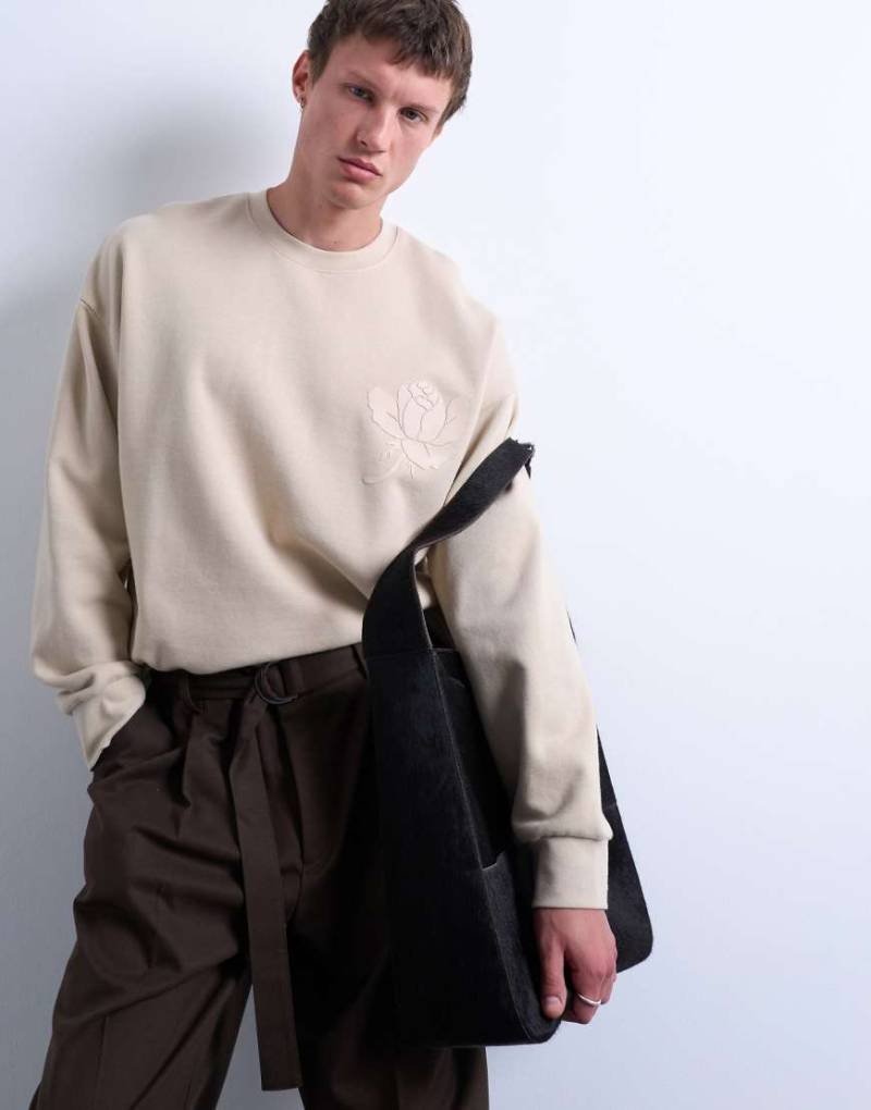 Topman - Oversize-Sweatshirt in Steinbeige mit erhabenem Blumen-Print-Neutral von Topman