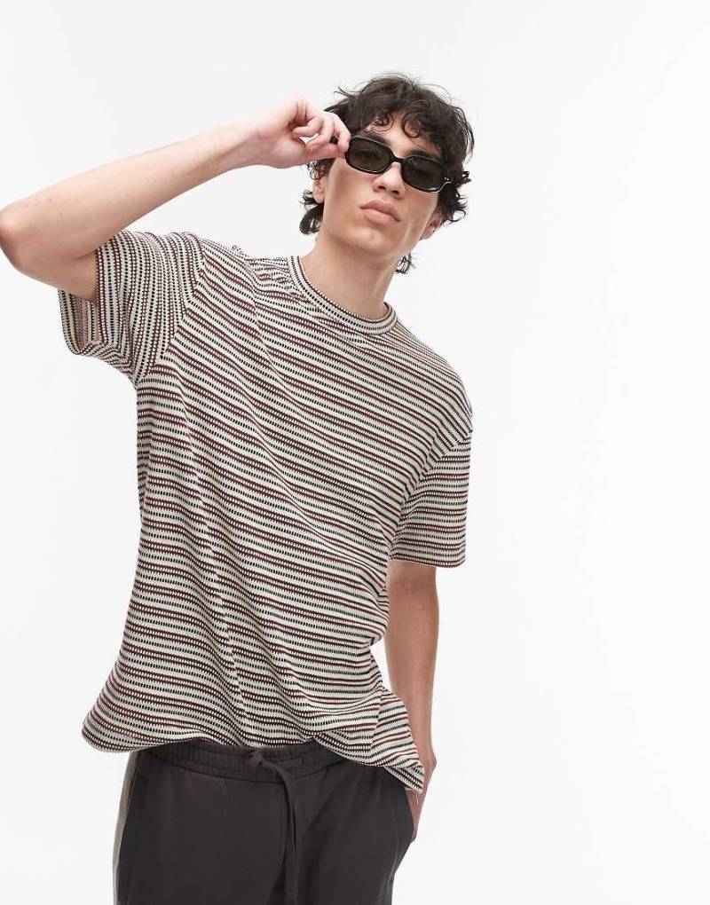 Topman - Oversize-T-Shirt aus Strick mit Streifen in Dunkelrot-Braun von Topman