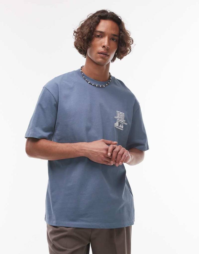 Topman - Relaxed-Fit-T-Shirt in Blau mit „Soho"-Print auf Vorder- und Rückseite von Topman