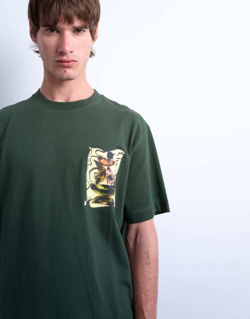 Topman - Relaxed-Fit-T-Shirt in Dunkelgrün mit Wasserfarben-Formen-Print auf Vorder- und Rückseite von Topman