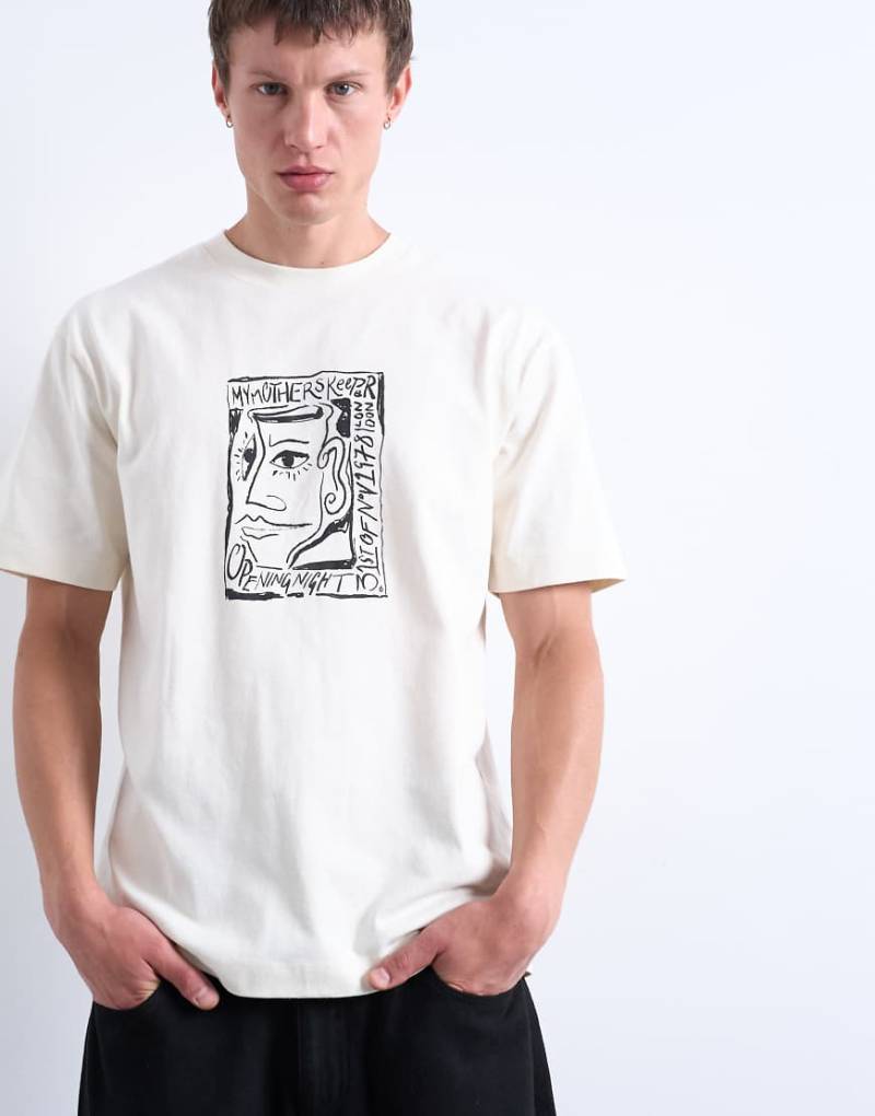 Topman - Relaxed-Fit-T-Shirt in Ecru mit „Mothers Keeper"-Print auf Vorder- und Rückseite-Weiß von Topman