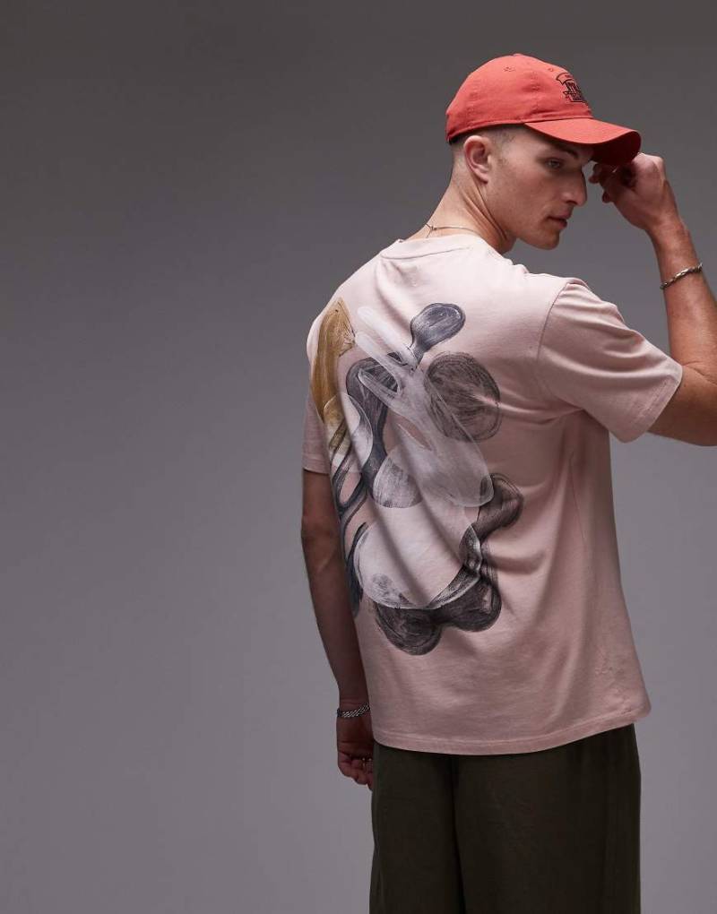 Topman - Relaxed-Fit-T-Shirt in Hellrosa mit gemaltem Formen-Print auf Vorder- und Rückseite von Topman
