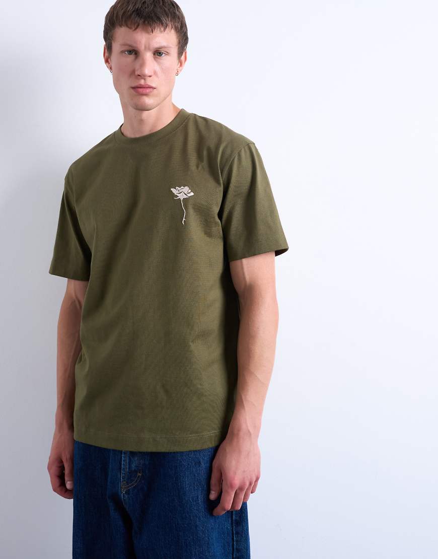 Topman - Relaxed-Fit-T-Shirt in Khaki mit Blumenstickerei-Grün von Topman