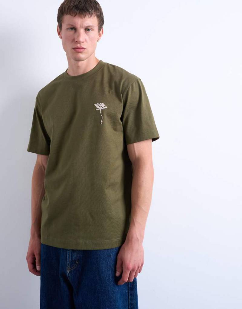 Topman - Relaxed-Fit-T-Shirt in Khaki mit Blumenstickerei-Grün von Topman