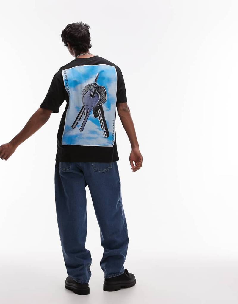 Topman - Oversize-T-Shirt in Schwarz mit Schlüssel-Patch-Print auf Vorder- und Rückseite von Topman