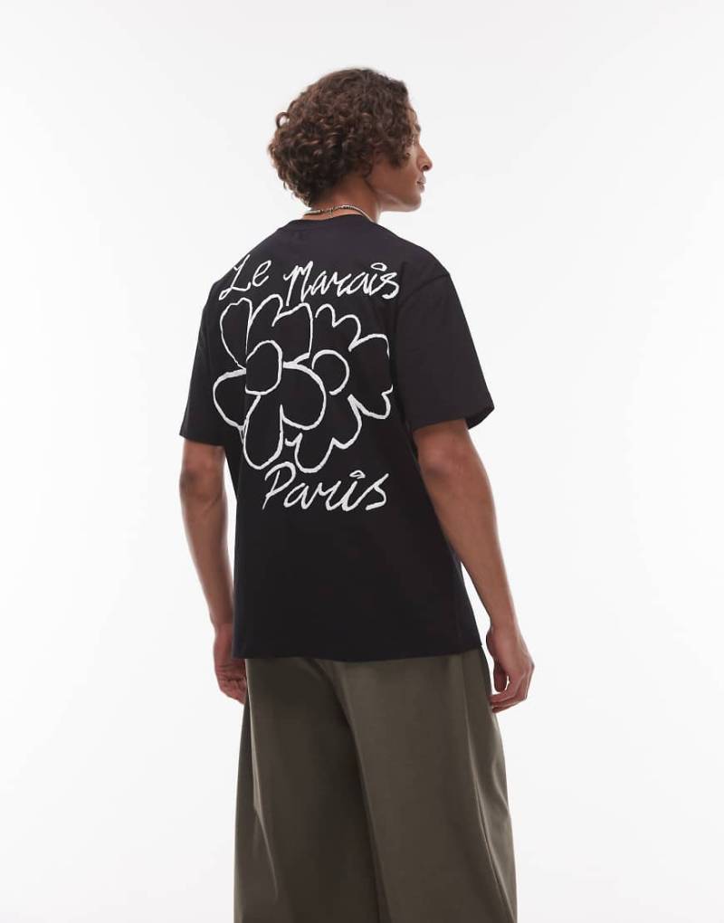 Topman - Relaxed-Fit-T-Shirt in Schwarz mit erhabenem „Le Marais"-Print auf Vorder- und Rückseite von Topman