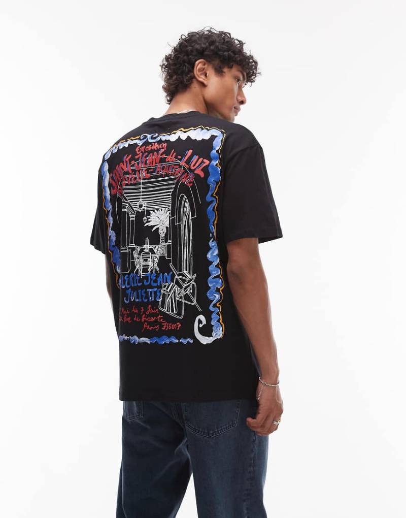 Topman - Relaxed-Fit-T-Shirt in Schwarz mit französischem Poster-Print auf Vorder- und Rückseite von Topman