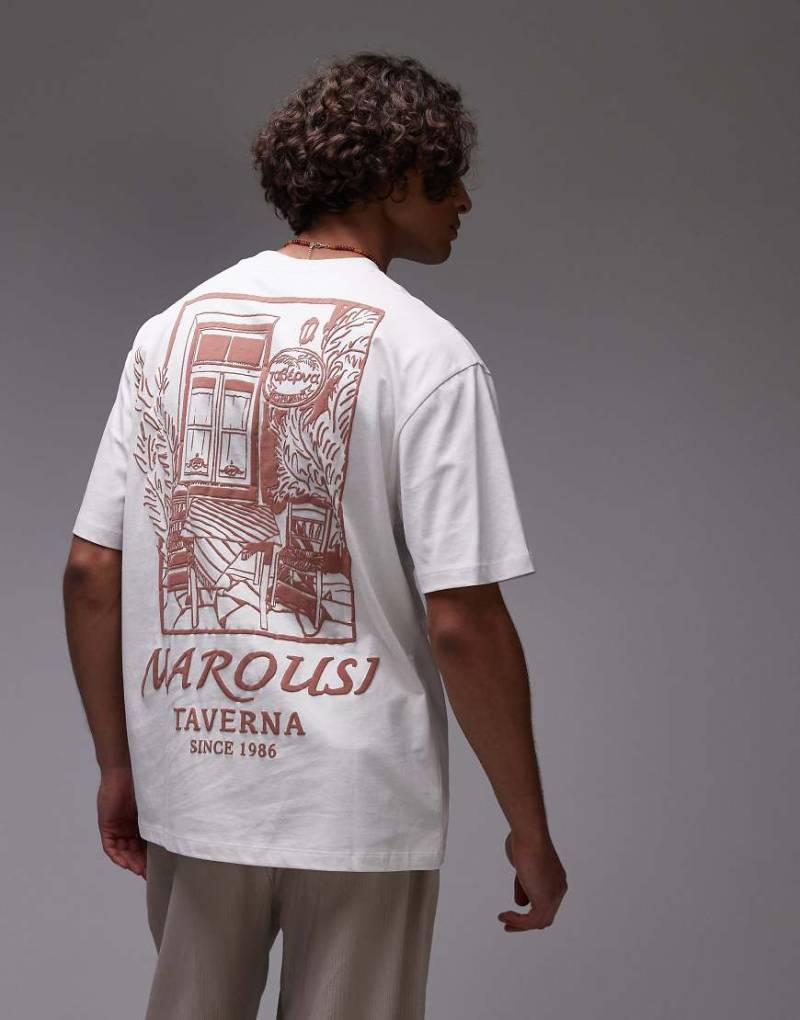 Topman - Relaxed-Fit-T-Shirt in Weiß mit „Taverna"-Print auf Vorder- und Rückseite von Topman