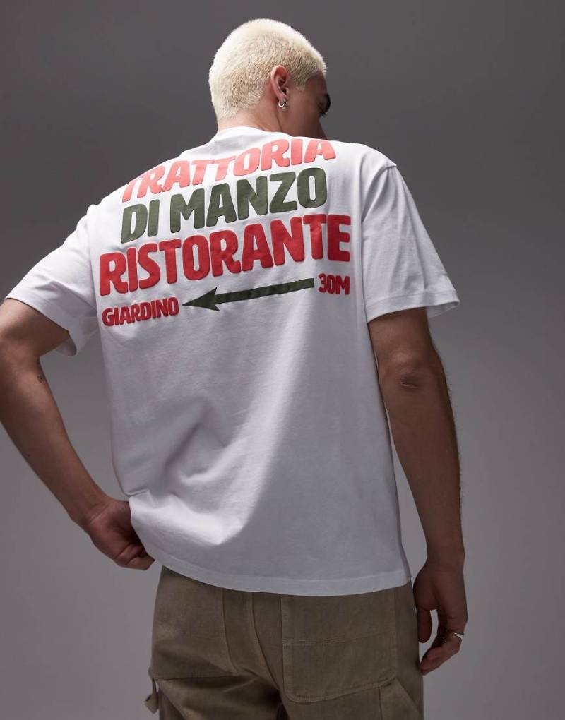 Topman - T-Shirt in Weiß mit „Trattoria Di Manzo"-Print auf Vorder- und Rückseite von Topman