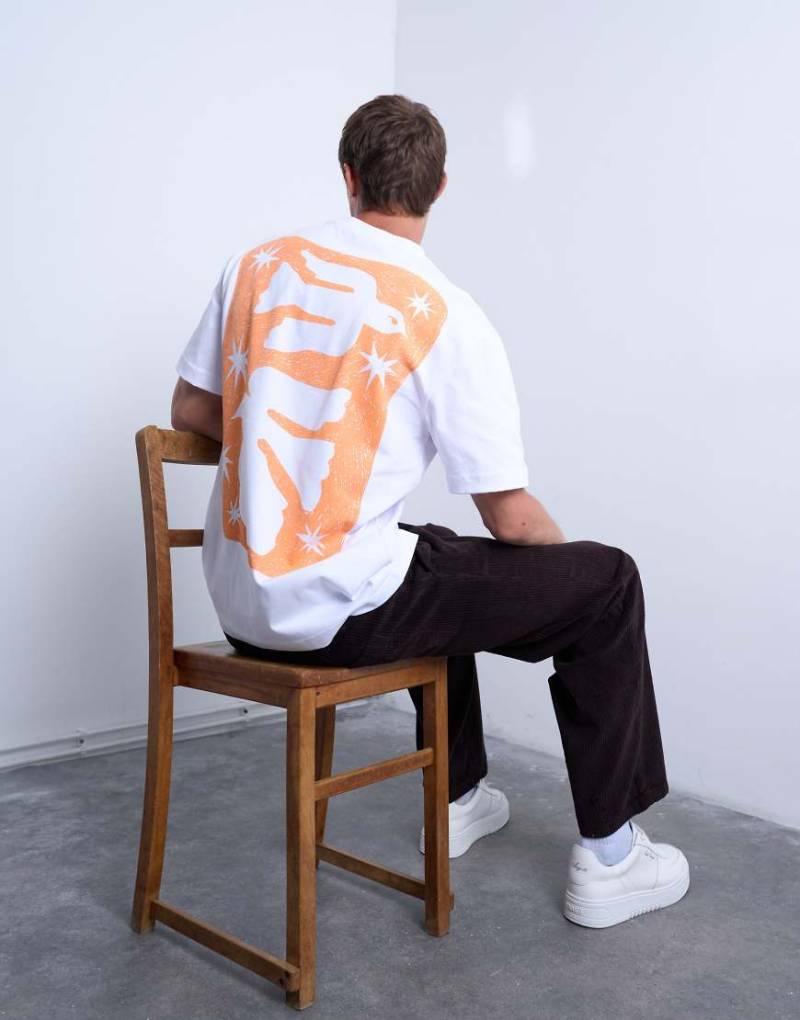 Topman - Relaxed-Fit-T-Shirt in Weiß mit Vogel-Aufdruck in Kritzel-Optik und Stickerei auf Vorder- und Rückseite von Topman