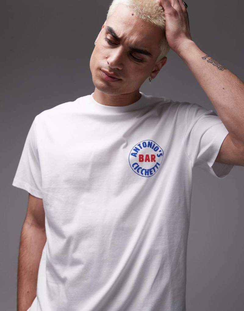 Topman - T-Shirt in Weiß mit erhöhtem „Antonio's Bar"-Print von Topman