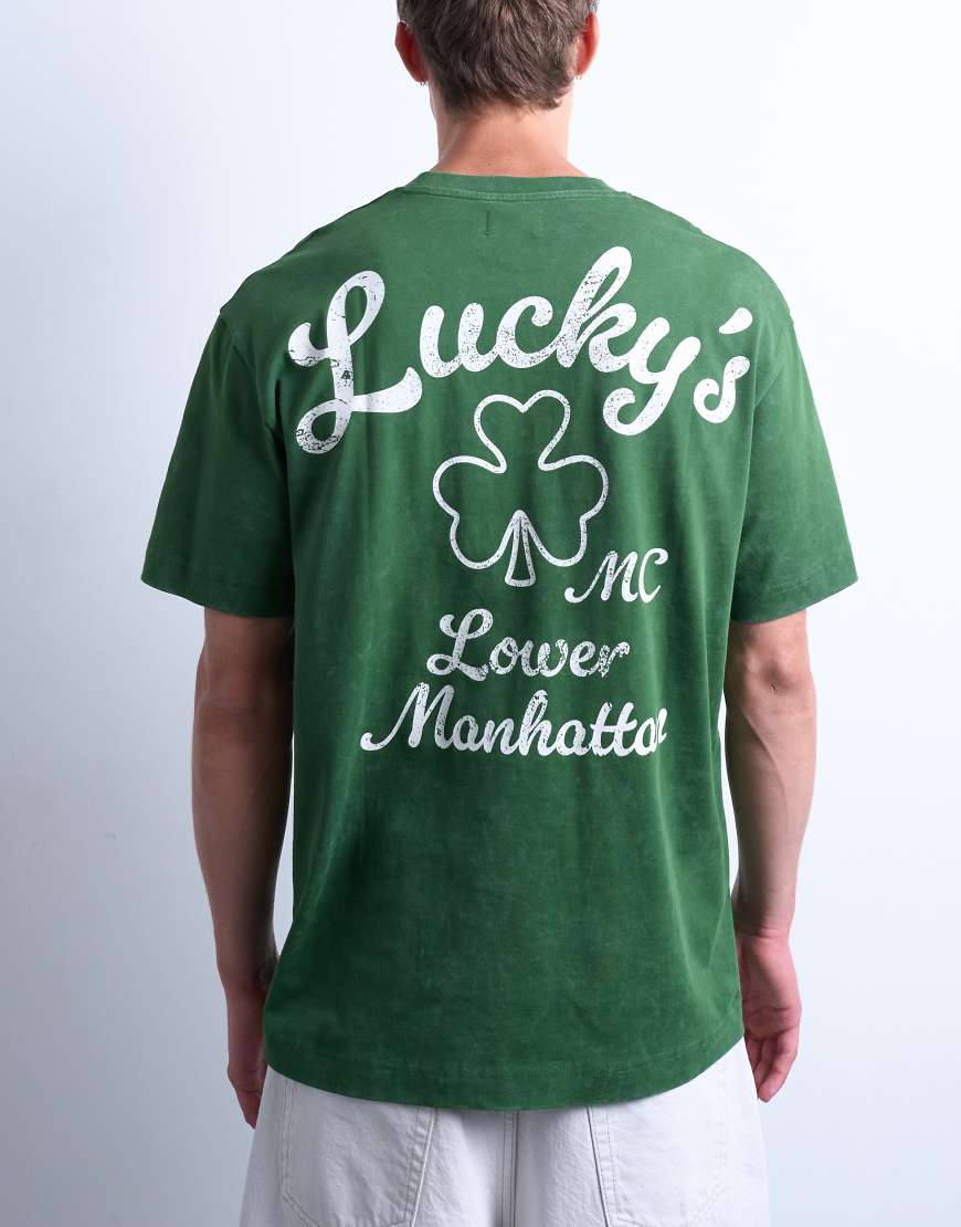 Topman - Oversize-T-Shirt in verwaschenem Grün mit „Lucky"-Print auf Vorder- und Rückseite von Topman