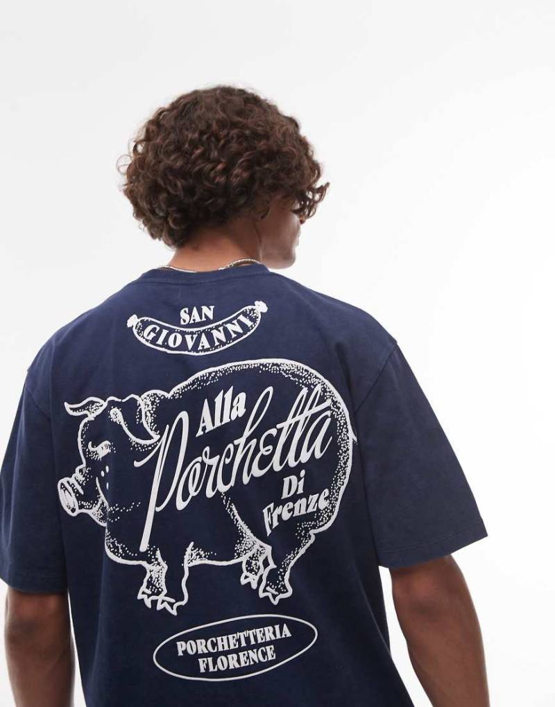 Topman - Relaxed-Fit-T-Shirt in verwaschenem Marineblau mit „Porchetta"-Print auf Vorder- und Rückseite von Topman
