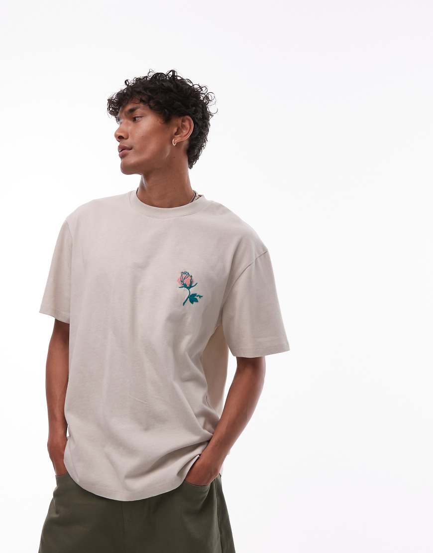 Topman - Relaxed-Fit-T-Shirt in verwaschenem Steinbeige mit „Pack of Lies"-Stickerei auf Vorder- und Rückseite-Neutral von Topman