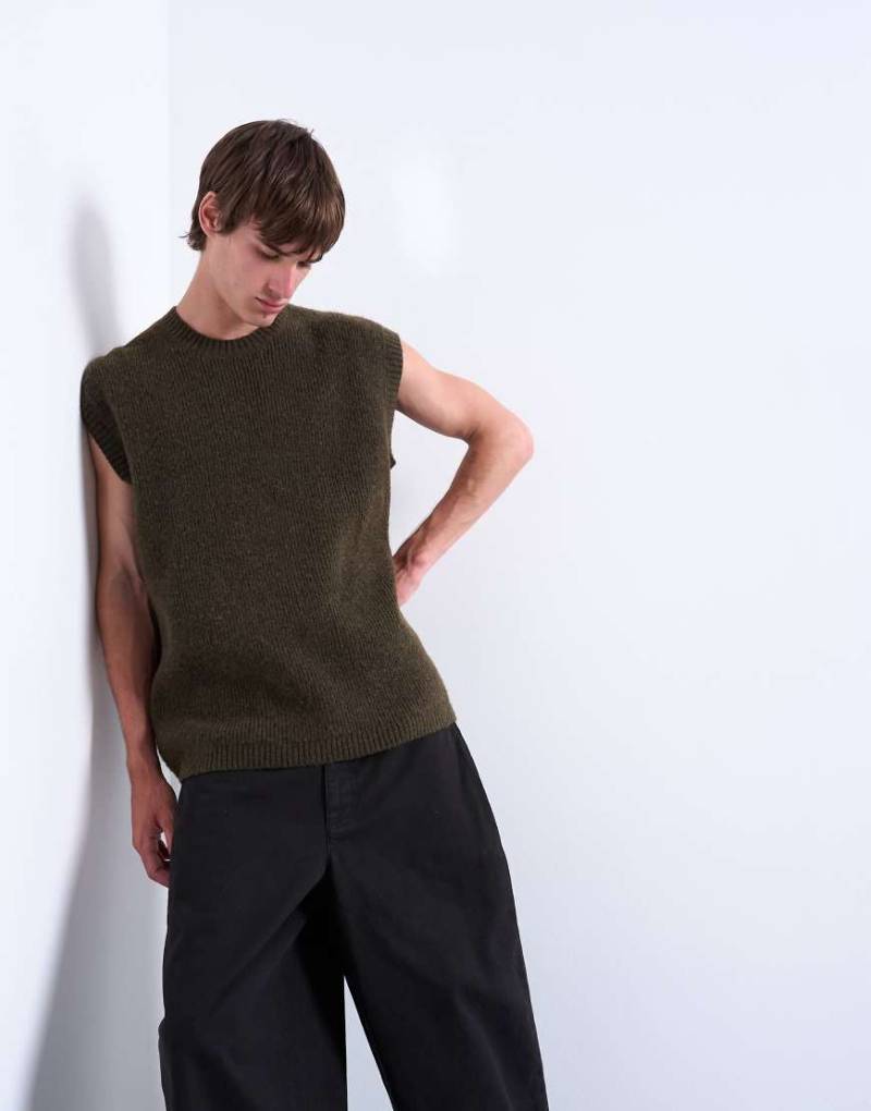 Topman - Oversize-Strickpullunder in Khaki mit Rundhalsausschnitt-Grün von Topman