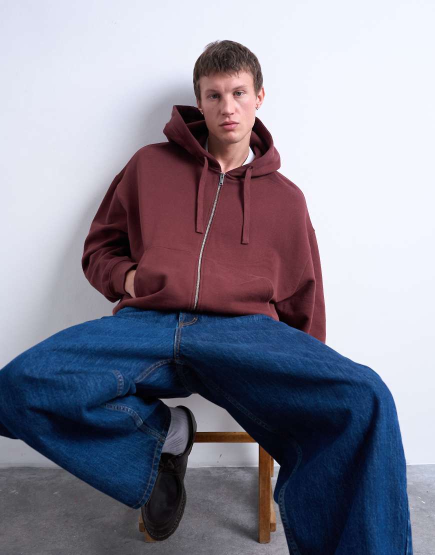 Topman - Oversized-Kapuzenjacke mit Reißverschluss aus schwerem Material in Braun von Topman