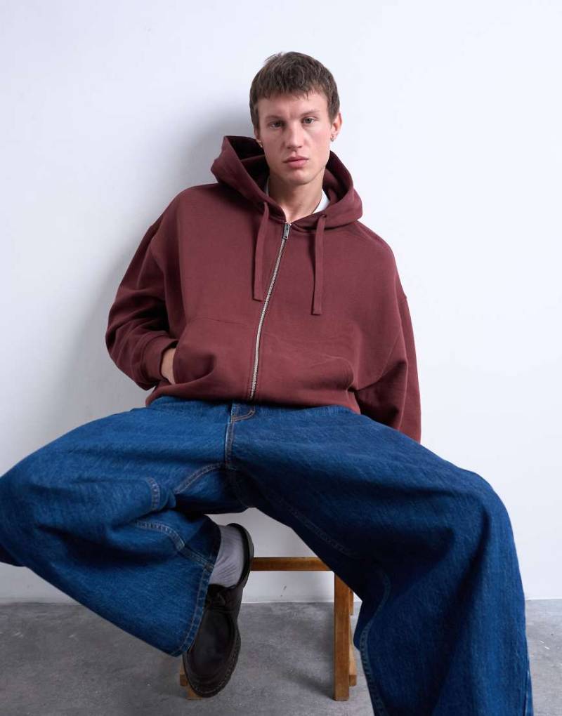 Topman - Oversized-Kapuzenjacke mit Reißverschluss aus schwerem Material in Braun von Topman