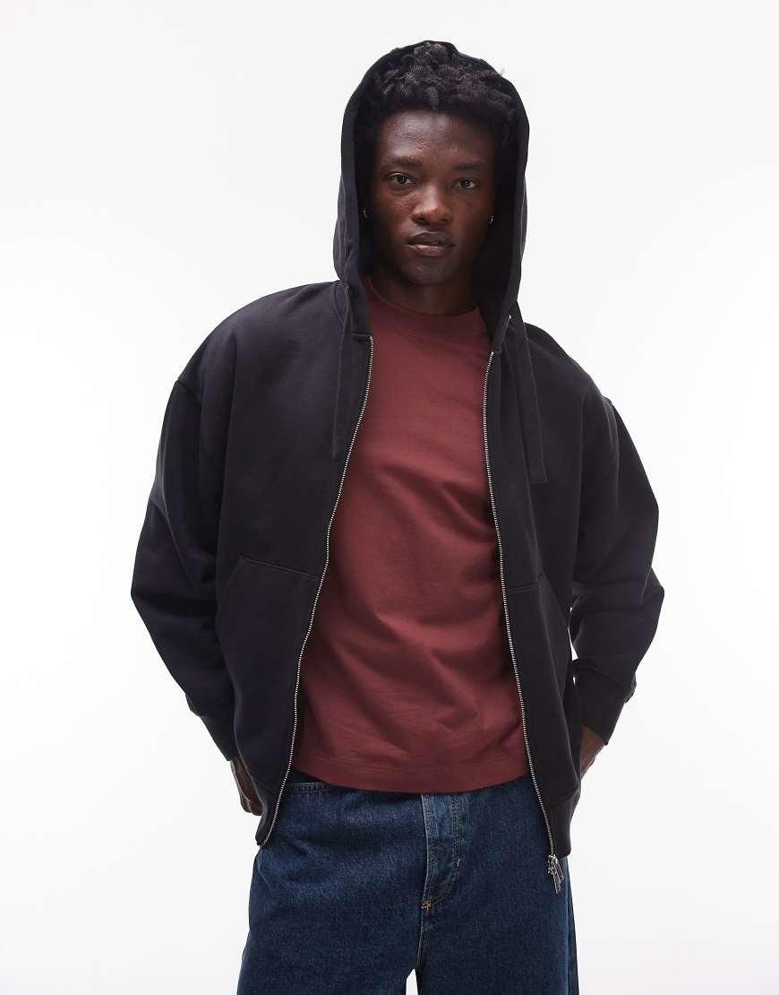 Topman - Oversized-Kapuzenjacke mit Reißverschluss aus schwerem Material in Schwarz von Topman