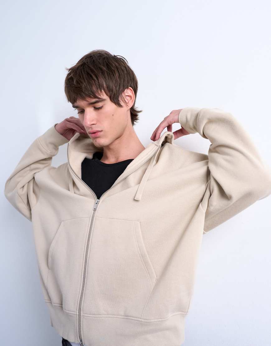 Topman - Oversized-Kapuzenjacke mit Reißverschluss aus schwerem Material in hellem Steinbeige-Neutral von Topman
