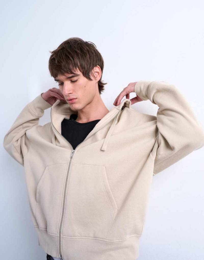 Topman - Oversized-Kapuzenjacke mit Reißverschluss aus schwerem Material in hellem Steinbeige-Neutral von Topman