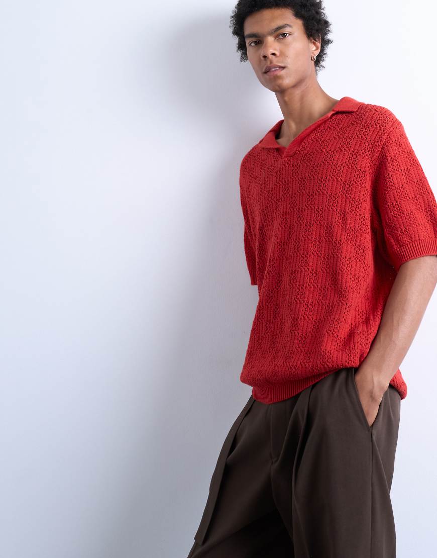 Topman - Polohemd aus Häkelstrick in Rot kariert von Topman