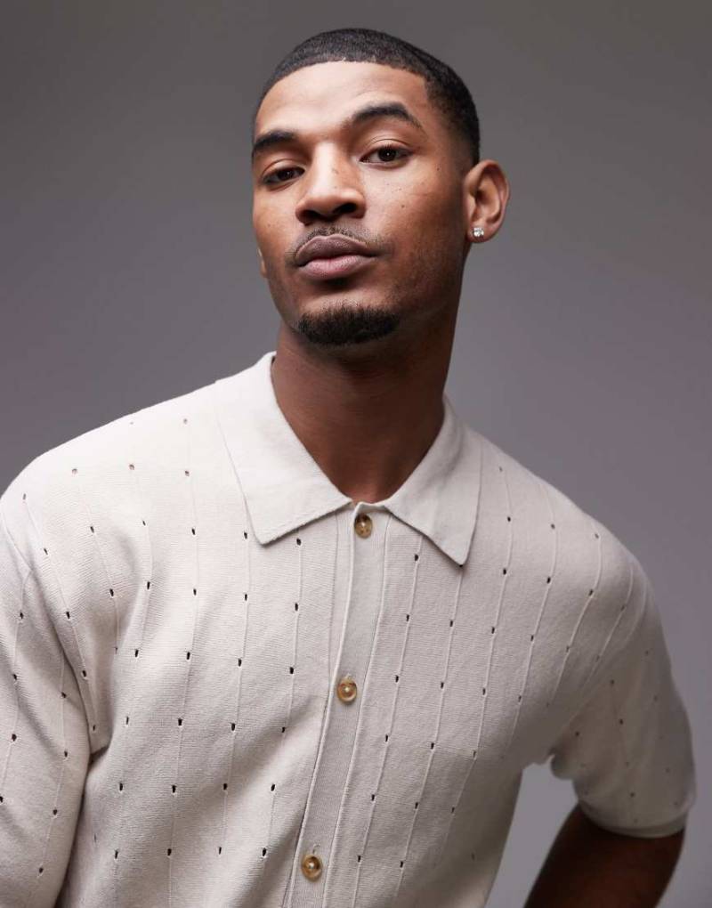 Topman - Polohemd aus Pointelle-Strick in Steinbeige-Neutral von Topman