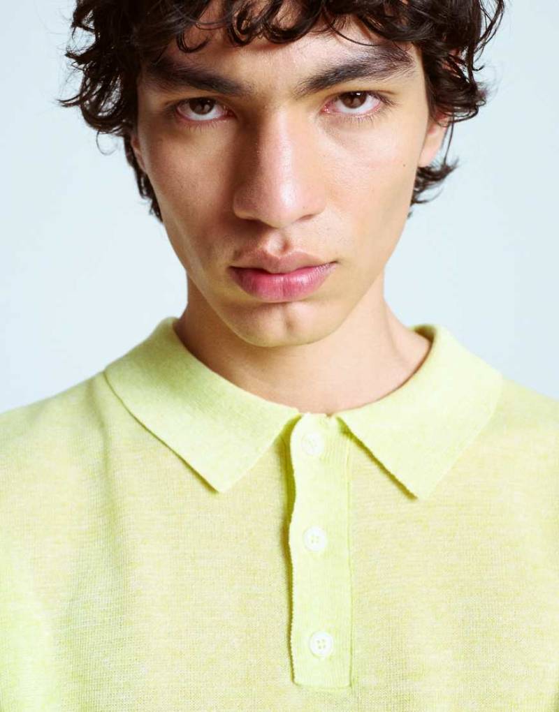 Topman - Polohemd aus Strick mit Leinenanteil in Limette-Grün von Topman