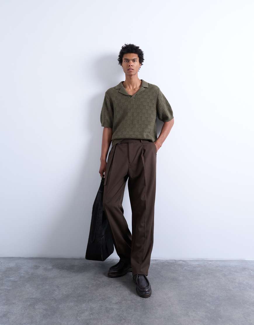Topman - Polohemd aus kariertem Häkelstrick in Khaki-Grün von Topman