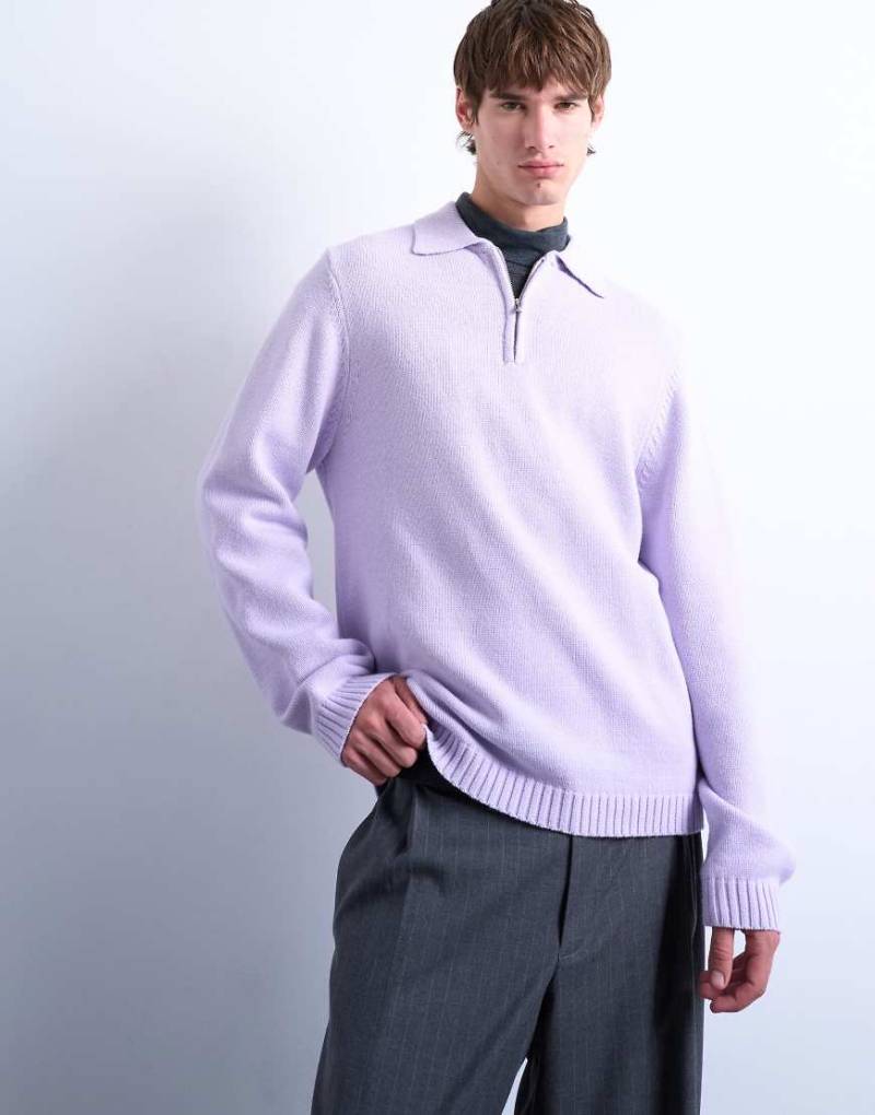 Topman - Regular-Fit-Polohemd in Flieder, aus Strick mit Reißverschluss-Lila von Topman