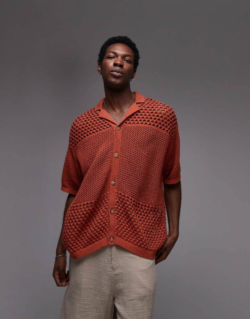 Topman- Polohemd in Rostrot mit weitmaschigem Strickmuster-Orange von Topman