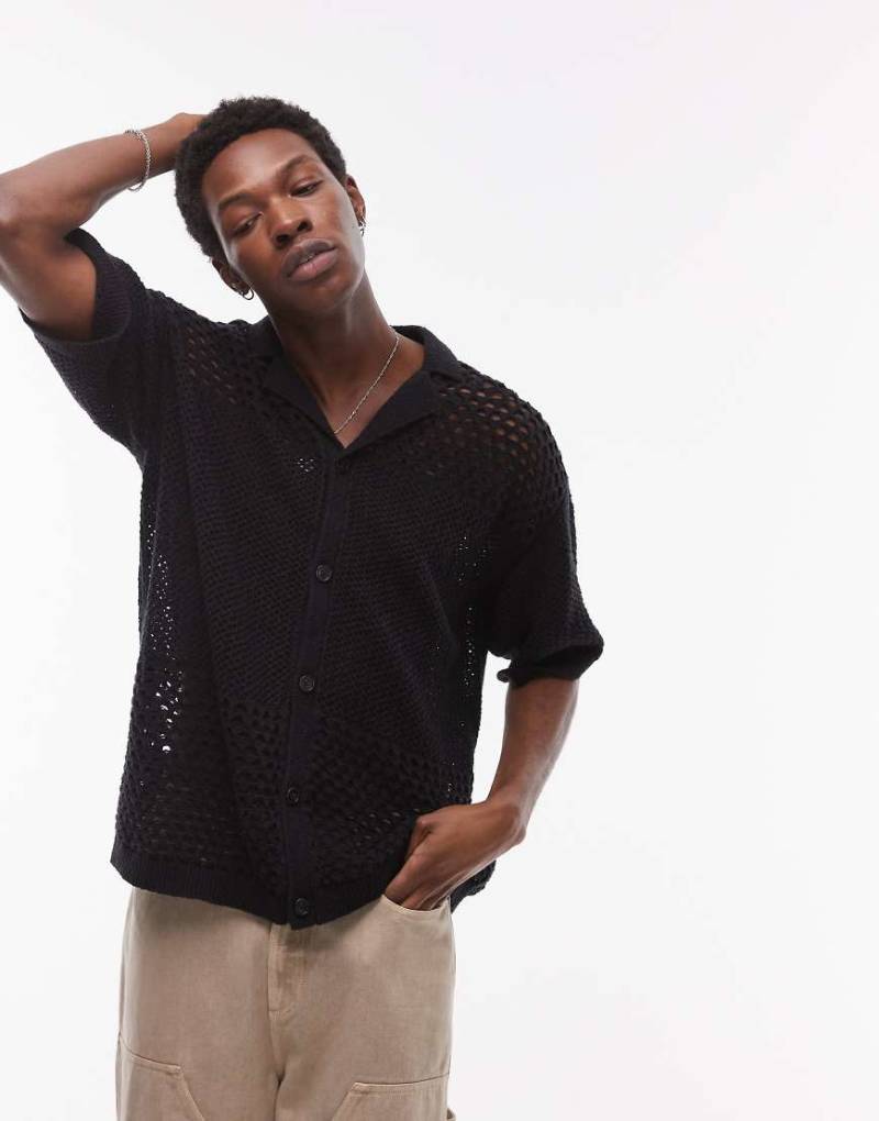 Topman- Polohemd in Schwarz mit weitmaschigem Strickmuster von Topman